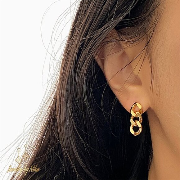 NEW 14K Yellow Gold Invicio Link Chain Boho Luxury Stud Earrings - Picture 5 of 7